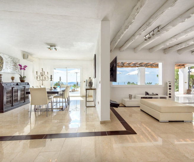 Large living with sea views at Villa Romero